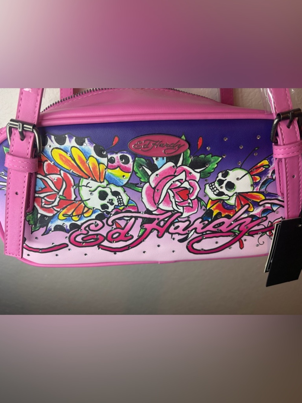 Ed Hardy Pink Satchel Bag Adjustable Straps Skull Flowers Rhinestone Y2K NWT $80 - Picture 4 of 10